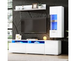 OKWISH Tv-Meubelset - Met Led-Verlichting En Vitrine - Voor Woonkamer - Hoogglans Wit - 180x40x45 cm