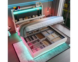 OKWISH Tweepersoonsbed 140x200cm – Gestoffeerd Met LED-Hoofdeinde & Open Rek – Met USB-Poorten – Fluweel – Beige – Zonder matras