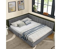 OKWISH Tweepersoonsbed 160x200 cm – Gestoffeerd bed met hoge rugleuning – Fluwelen bekleding & 300kg draagvermogen – Hout frame – Donkergrijs – Zonder matras