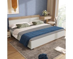 OKWISH Tweepersoonsbed 180x200 cm - Modern Zwevend Bedframe Met Lattenbodem - Met Hoofdbord - Massief Hout - Naturel Zonder Matras
