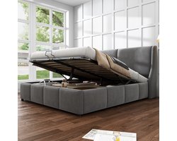 OKWISH Tweepersoonsbedden 140x190 cm - Gestoffeerd Bed Met Kussenhoofdbord - Bed Met Opbergruimte En Lattenbodem - Fluweel - Grijs