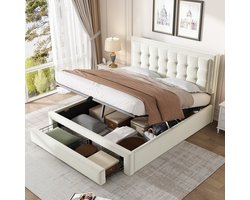 OKWISH Tweepersoonsbedden - 140x200 cm - Bed Met Lades En Hydraulische Opbergruimte - Praktisch Voor Geordende Slaapkamer - Fluweel - Beige