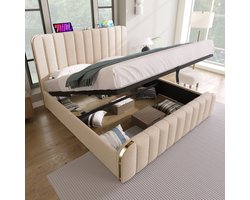 OKWISH Tweepersoonsbedden - 140x200 cm - Elegant Gestoffeerd Bed met Hoofdbord - Bed met Hydraulische Opbergruimte en USB Oplaadfunctie - Met Lattenbodem - Linnen - Beige
