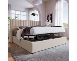 OKWISH Tweepersoonsbedden 140x200 cm - Opbergbed Met Hydraulische Mechanisme En Lattenbodem - Gestoffeerd Bed Voor Slaapkamer Opbergruimte - Linnen - Beige