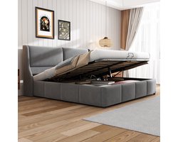 OKWISH Tweepersoonsbedden - 180x200 cm - Gestoffeerd Bed Met Opbergruimte Onder Het Bed - Hydraulisch Functiebed Met Kussenhoofdbord - Fluweel - Grijs