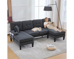 OKWISH U Bank 250 X 130 Cm - 4 Zits Met Twee Chaise Longues En Usb En Opbergvakken - Voor Woonkamer Of Familiekamer - Linnen - Donkergrijs