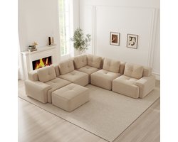 OKWISH U-Bank 295 x 295 cm - Modulaire 5-Zits Hoekbank Met Ottomaan En Diepe Zitting - Voor Woonkamer Of Kantoor - Corduroy - Beige