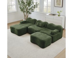 OKWISH U-Bank - 3-Zits Modulaire Bank Zonder Frame - Diepe Zitting En 2 Hockers - Voor Woonkamer - Velours - Groen