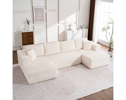 OKWISH U Bank 332 X 156 Cm - Geen Montage Nodig Met Modulaire Chaise Longue - Voor Woonkamer En Entertainmentruimte - Corduroy - Wit