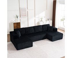 OKWISH U Bank 332 X 156 Cm - Geen Montage Nodig Met Modulaire Indeling En Slaapfunctie - Voor Woonkamer En Entertainmentruimte - Corduroy - Zwart