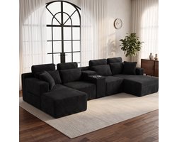 OKWISH U-Bank 372 Cm - Modulaire 6-Zits Bank Met Dubbele Bekerhouders - Ruime Zitplek Voor Woonkamer - Ribfluweel - Zwart