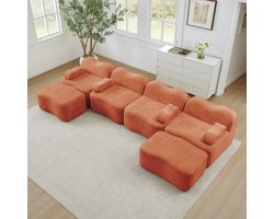 OKWISH U-Bank 4-Zits - Modulair Met 2 Hockers En Diepe Zitting - Voor Woonkamer Of Appartement - Fluweel - Oranje