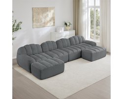 OKWISH U-Bank 4-Zits - Modulair Met 2 Ottomans En Diepe Zitting - Ergonomisch Voor Woonkamer - Ribstof - Grijs