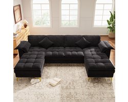 OKWISH U-bank 4-zits - Modulaire Hoekbank Met 2 Chaise Longues, 2 Kussens En Gouden Metalen Poten - Voor Woonkamer En Slaapkamer - Chenille - Zwart