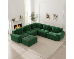 OKWISH U-Bank – 5-Zits Modulaire Hoekbank Met Ottomaan – Zonder Montage, Diepe Zitting En Antislip Ontwerp – Ribstof – Groen