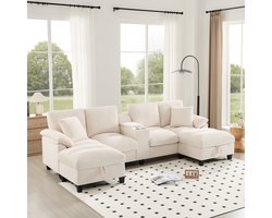 OKWISH U-vormige Bank - 4-5-Zits Modulaire Bank Met Opbergruimte & 2 USB-Aansluitingen - Grote Comfortabele Zitting - Woonkamer - Stof - Beige