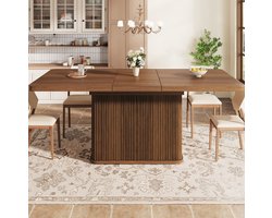OKWISH Uitschuifbare Eettafel met Verborgen Opbergruimte voor Eten en Werken MDF Metaal Donkerbruine Houtlook 140 tot 180 x 80 x 76,5 cm