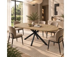 OKWISH Uitschuifbare Eettafel - Ovaal Blad voor 4 tot 6 Personen - Voor Eetkamer en Keuken - MDF en Metaal in Houtkleur - 160 x 80 x 75 cm