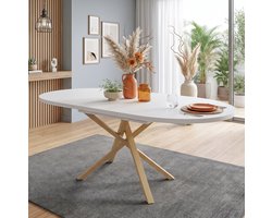 OKWISH Uitschuifbare Eettafel Rond 4 Tot 6 Personen Met X Poten Modern Wit En Houtkleurig MDF 100 Tot 140 X 100 Cm