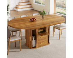 OKWISH Uitschuifbare Eettafel - Rond Naar Ovaal - Met Opbergruimte - Walnootkleur MDF - 118-158x118x77 Cm