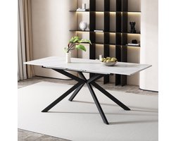 OKWISH Uittrekbare Eettafel – Automatisch Uittrekbaar – Kruisbeen Ontwerp – Marmerstructuur Zwart-Wit – MDF – Draagkracht 60 kg – Montage 20 minuten