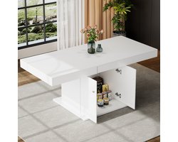 OKWISH Uittrekbare Eettafel – Automatische Uittrekfunctie – Grote Onderkast Met 2 Grepen – 140/180x80x76 cm – Spaanplaat Wit – Voor 4-8 Personen