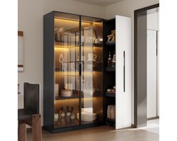 OKWISH Vitrinekast – 2-in-1 Boekenkast En Vitrine Met Uittrekbare Schuiflade – LED Verlichting – 110,5×35×160 cm – 50 kg Draagkracht – Modern MDF Zwart+Wit