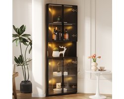 OKWISH Vitrinekast – Driehoekige Hoekkast Met LED-Verlichting – Open Middenvak Voor Verzamelingen– 62x32x160 cm – MDF Met Gehard Glas – Zwart