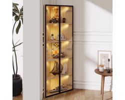 OKWISH Vitrinekast – LED Glasvitrine – Hoekvitrine voor Verzamelobjecten – 62x35x160 cm – 3 vakken – Anti-Kantel, Gedempte Sluiting – MDF Lichtbruin