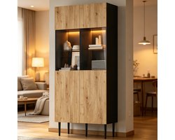OKWISH Vitrinekast - Met Ledverlichting En 10 Vakken - 80 x 35 x 180 cm - 2 Deuren - MDF Zwart En Natuur