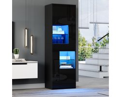 OKWISH Vitrinekast - Moderne Kast Met LED En 1 Lade - 4 Deuren En Anti-Kantelontwerp - 55x38x170 cm - Spaanplaat - Zwart