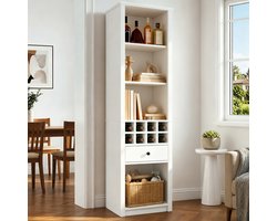 OKWISH Vitrinekast - Open Wijnkast Met Ledverlichting En 1 Lade - 55 x 40 x 200 cm - 12 Vakken Voor Woonkamer Keuken Eetkamer - MDF Wit