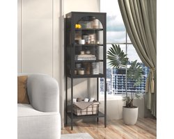 OKWISH Vitrinekast – Smalle Opbergkast Met Geribbelde Glazen Deur – 160×50×35 cm – 3 Verstelbare Planken – Metaal Zwart