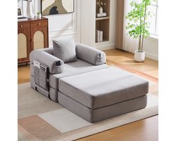 OKWISH Voetenbank 109 x 95 x 43 cm - Uitklapbaar Tot Eenpersoons Slaapstoel - Ruimtebesparend - Corduroy - Lichtgrijs