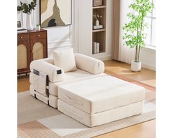 OKWISH Voetenbank 109 x 95 x 43 cm - Uitklapbaar Tot Eenpersoons Slaapstoel - Ruimtebesparend - Ribstof - Beige