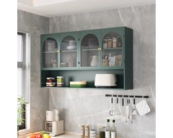 OKWISH Wandkast Muurmontage – 120 cm – 4 Deuren met Gehard Glas – Muurbevestigde Opbergkast voor Keuken Woonkamer Badkamer – IJzer Donkergroen