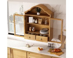 OKWISH Wandkast Retro Met Glazen Deuren En 2 Lades Verstelbare Planken Voor Keuken Badkamer En Woonkamer Naturel Hout 60x22x76,5 Cm