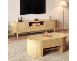 OKWISH Woonkamermeubelset - Verstelbare Salontafel En Tv Meubel Met Opbergruimte - Voor Moderne Woonkamer - MDF Naturel - 110x55,5x40 En 175x36x41