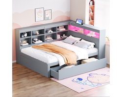 OKWISH Zetelbed 140x200 cm - Praktisch Dagbed Met Lattenbodem En LED Licht - Grenenhout - Grijs