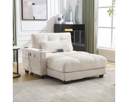 OKWISH Zitbank – 1-Zits Loungestoel Met Chaise Longue – Verwisselbare Armleuningen, USB & 2 Bekerhouders – Corduroy – Beige