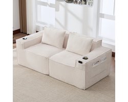OKWISH Zitbank 188 Cm - Modulaire 2-Zits Bank Met Bekerhouders En Zijvakken - Voor Woonkamer Of Appartement - Corduroy - Beige
