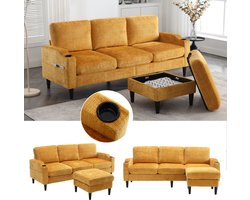 OKWISH Zitbank 196,5 X 75 X 77 Cm - 4 Zits Met Hocker En Opbergruimte - Bekerhouders En Zijvakken - Chenille - Geel