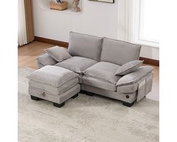 OKWISH Zitbank 2-Zits 190 X 132 X 84 Cm - Met Hocker, Usb C En Zijvakken - Voor Woonkamer Kantoor Of Lounge - Ribstof - Lichtgrijs