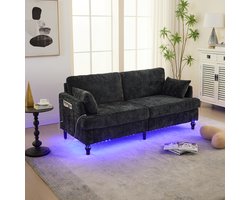 OKWISH Zitbank - 2-Zits Chenille Sofa - Met USB-Oplaadpoort & Kleuren-LED - Met Zijvak Opbergtas, 250kg Draagvermogen - Chenille - Zwart
