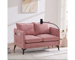 OKWISH Zitbank - 2-Zits Chenille Sofa Met Verstelbare Telefoonhouder En Zijvakken - Compact Voor Slaapkamer/Woonkamer - Chenille - Roze