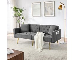 OKWISH Zitbank - 2-Zits Fluwelen Bank - 3-standen Verstelbare Rugleuning en 2 Bijpassende Kussens - Ergonomisch Met Gouden Metalen Poten - Fluweel - Grijs