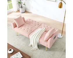 OKWISH Zitbank – 2-Zitsbank Teddy – 3-Stand Verstelbare Rugleuning & Inclusief 2 Kussens – Met Knopstiksels & Gouden Metalen Poten – Roze