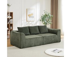 OKWISH Zitbank 235 Cm - Modulaire Ribstof Bank Met 2 Kussens - Extra Brede Zitting En Zachte Schuimvulling - Voor Woonkamer Of Appartement - Ribstof - Groen