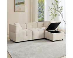 OKWISH Zitbank - 3-Zits Modulaire Bank Met Voethocker - Diepe Zitting Met Pocketveren, Lendensteun En Opbergruimte - Chenille - Beige