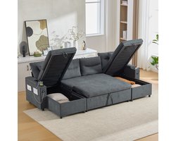OKWISH Zitbank – 4-Zits Met Chaiselongues Aan Beide Zijden – Met Opbergruimte & USB-C Aansluiting – Ergonomische Rugleuning Voor Woonkamer – Linnen – Donkergrijs